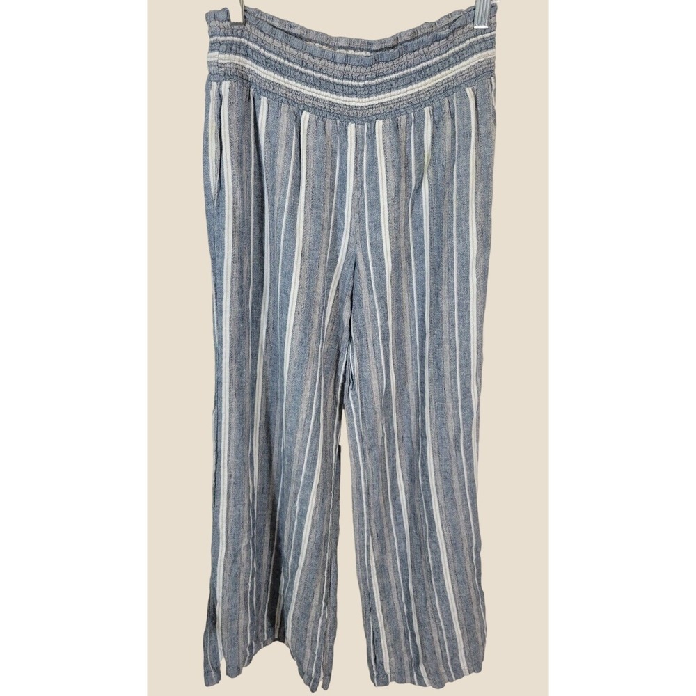 CJ Banks Linen Blend Wide Leg Pants Coastal Beachy Boho Striped Blue White Large